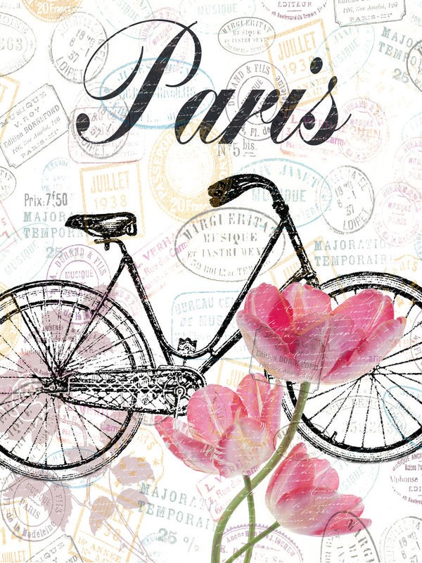 Sheldon Lewis, All Things Paris (Fahrrad, Postkarte, Poststempel, Paris, Blüten, Tulpen, Nostalgie, Treppenhaus, Wohnzimmer, Wunschgröße, Grafik, bunt)