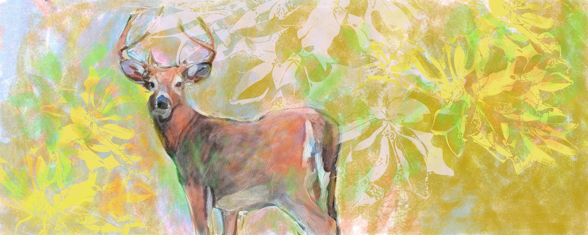 Sarah Butcher, Deer With Magnolia (Hirsch, Wild, Geweih, Tier, abstrakter Hintergrund, florale Muster, Magnolie, Treppenhaus, Wohnzimmer, Malerei, Wunschgröße,  bunt)