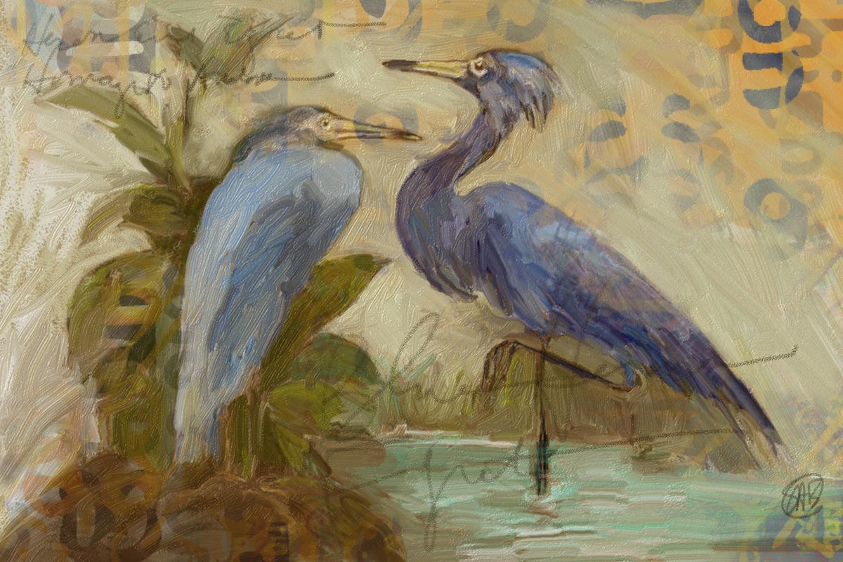 Sarah Butcher, Egret Pair (Reiher, Graureiher,Wasservögel, Vögel, abstrakter Hintergrund, Typografie, Treppenhaus, Wohnzimmer, Malerei, Wunschgröße,  bunt)