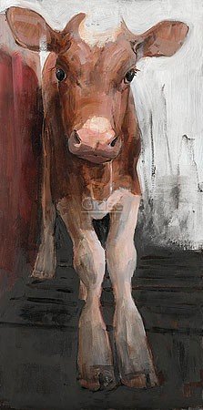 Pieter Pander, Red and white Holstein calf (Malerei, Tiere, Tierportrait, Kalb, Kuh, Holsteinische Kuh, rot/ weiß, Wohnzimmer, Treppenhaus,  bunt)