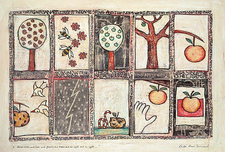 Hans P. Innemée, About birds and bees and flowers and trees and an apple (Malerei, Karikatur, Vögel, Bienen, Blumen, Äpfel, Blitz,  witzig, lustig, komisch, Treppenhaus, Wohnzimmer, Jugendzimmer, bunt)