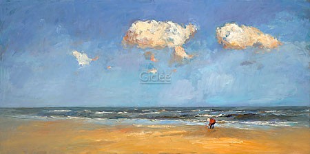 Dinie Boogaart, Searching III (Malerei, Landschaft, Niederlande, Meeresbrise, Meer, Strand, Wellen, Horizont, Suche, Sommer, Sommerlicht, impressionistisch, Wohnzimmer, bunt)