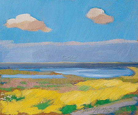 Jentsje Popma, Mud flats (Malerei, Landschaft, Wattenmeer, Meer, Meeresbrise, Dünengras, Sommer, Niederlande, leuchtend,  zeitgenössische Malerei,Wohnzimmer, Arztpraxis, bunt)