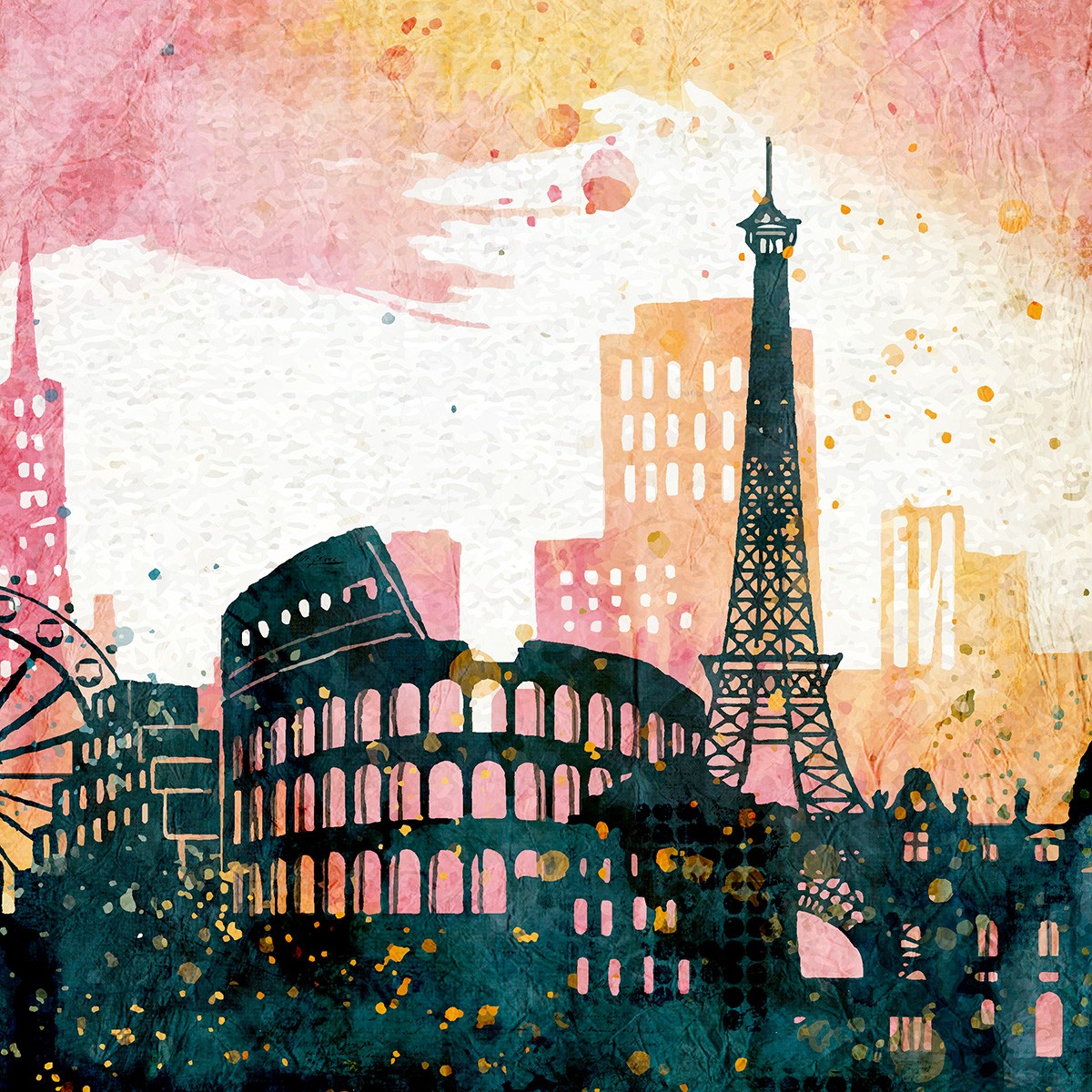 Kimberly Allen, All Around the World 2 (Städte, Metropolen,Paris, rom, Colosseum, Eifffelturm, Grafik, Wunschgröße, modern, Wohnzimmer, Jugendzimmer, bunt)