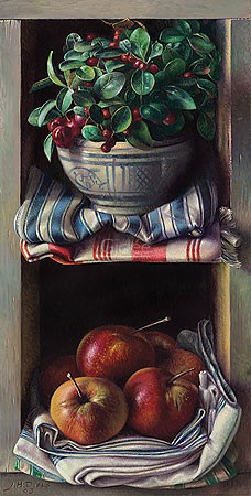 Jef Diels, Chest with snowberry and apples (Malerei, Stillleben, Trompe-l'oeil, Holzregal, Kasten, Schale, Beeren, Äpfel, Schneebeeren, Tücher, Tischtücher, Trockentücher, Küche, Esszimmer, Gastronomie, bunt)