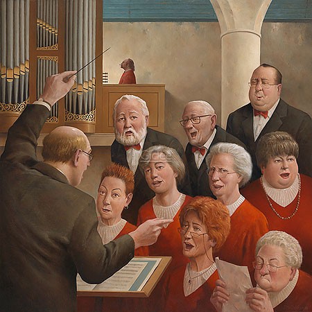 Marius van Dokkum, Pipe up (Malerei, Karikatur, Kirche, Kirchenchor, Chorleiter, Dirigent, Musik, Gesang, Orgel, Senioren,  Spaß, komisch, lustig, Treppenhaus, Wohnzimmer, bunt)