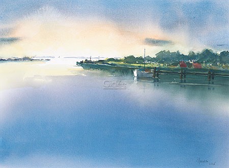 Sijtze Malda, The Twilight  (Malerei, Modern, Landschaft, Fluss, Dämmerung, Wasser, Spiegelungen, Wolken, Himmel, Arztpraxis, Wohnzimmer, Schlafzimmer, blau / türkis / weiß)