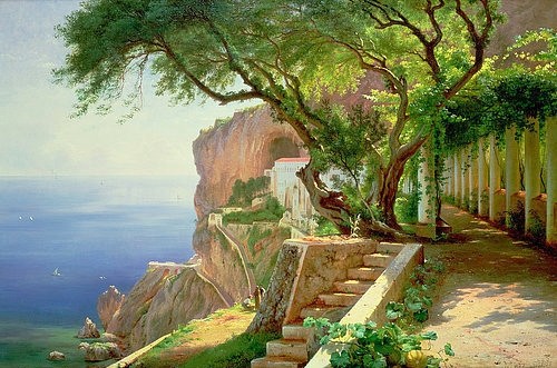 Carl Frederik Aagaard, Amalfi. (Öl auf Leinwand,Landschaft,19. Jahrhundert,Aagaard,Carl Frederick,1833-1895,Christie's Images Ltd,Carl Frederic Aagaard,Amalfi,Italien,Küste,Meer,Steilküste,Garten,Mittelmeer,niemand,Weg,Treppe,malerisch,Sommer,Baum,mediterran,Urlaubsziel,pittoresk)