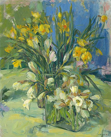 Carla Rodenberg, Spring Bouquet (Malerei, Modern, Stillleben, Blumenvase, Narzissen, Frühlingsblumen, abstrakter Realismus, abstrakte Elemente, Wohnzimmer, Schlafzimmer, bunt)