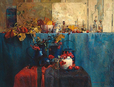 Ben Snijders, Late summer '95 (Malerei, Stilleben, Spätsommer, Beeren, Blumen, Früchte, Kannen, Keramik,   impressionistisch, Wohnzimmer, Schlafzimmer, bunt)