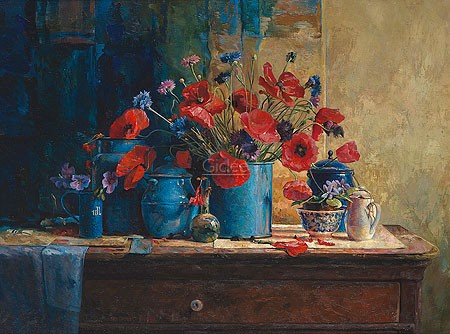 Ben Snijders, Symphony (Malerei, Stilleben, Beeren, Blumen, Mohnblumen, Kannen, Keramik, Töpfe,   impressionistisch, Wohnzimmer, Schlafzimmer, bunt)