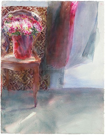 Dorry van de Winkel, Sweet william (Malerei, modern, Stillleben, Blumen,  Blüten, Blumenvase, Stuhl, Vorhang, wehender Vorhang, Schlafzimmer, Wohnzimmer, Esszimmer,  bunt)