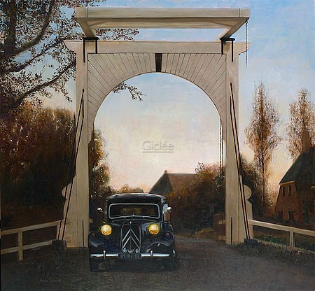 Martin Sijbesma, Citroën Traction Avant II BL, 1953 (Malerei, Landschaft, Torbogen, Auto, Oldtimer, Citroën Traction Avant II BL, Nostalgie, Fotorealismus, Treppenhaus, Wohnzimmer, bunt)