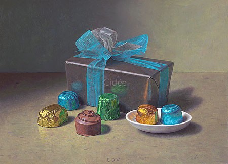 Eric De Vree, Belgian Chocolates II (Malerei, Stillleben, Paralinen, Pralinenschachtel, Konfekt, belgische Pralinen, Schleife, Süßigkeit, Verlockung, Confisserie, Esszimmer, bunt)