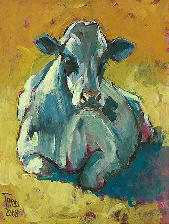 Theo Onnes, Lying cow (Malerei, Tierportrait, Kuh, Nutztier, Tier, liegende Kuh, Treppenhaus, Wohnzimmer, Tierarztpraxis, bunt)