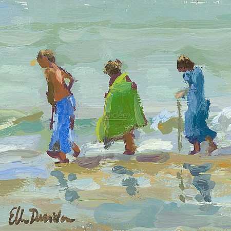 Ellen Davidzon, Searching for clams (Malerei, Meeresbrise, Meer, Wellen,  Landschaften, Abstraktion,  Strand, Sand, Muschelsucher, Strandspaziergang, Touristen, Urlaub, Abenteuer, Wohnzimmer, Badezimmer, bunt)