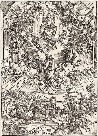 Albrecht Dürer, Johannes vor Gottvater und den Ältesten, aus der Folge der Apokalypse. 1496 (Städel Museum,Frankfurt am Main,Dürer,Albrecht,1471-1528,Holzschnitt,Graphische Sammlung,15. Jahrhundert,Renaissance,Städel Museum,Albrecht Dürer,Gott,Engel,Burg,Evangelisten,Evangelistensymbole,Symbole,vier,Stier,Löwe,Ochse,Engel,Adler)