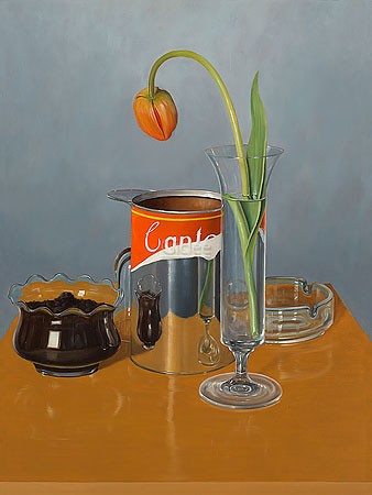 Rob Møhlmann, Canto 78, The procession of the elements, 1 (Malerei, Modern, Stillleben, Tisch, Dose, Aschenbecher, Vase, Tulpe, Küche, Esszimmer, naturalistisch, bunt)