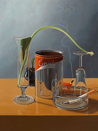 Rob Møhlmann, Canto 81, The procession of the elements, 4 (Malerei, Modern, Stillleben, Tisch, Dose, Aschenbecher, Glas, Schnapsglas, Aschenbecher,Zigarette, Zigarettenqualm, Vase, Tulpe, verwelkte Tulpe, Sprößling, Küche, Esszimmer, bunt)