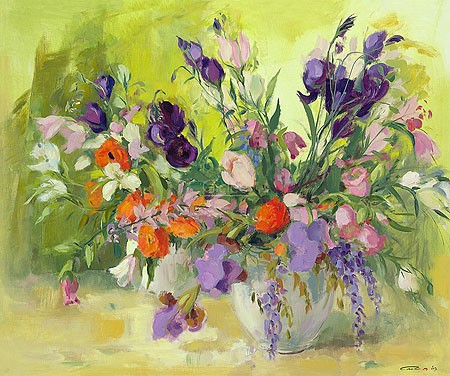 Carla Rodenberg, Purple flowers still life (Malerei, Modern, Stillleben, Blumenvase, Blumen, Blüten, abstrakter Realismus,  abstrakte Elemente, Wohnzimmer, Schlafzimmer,rot / bunt)