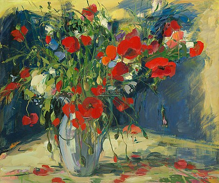 Carla Rodenberg, Bouquet with poppies (Malerei, Modern, Stillleben, Blumenvase, Mohnblumen, abstrakter Realismus, abstrakte Elemente, Wohnzimmer, Schlafzimmer,rot / bunt)