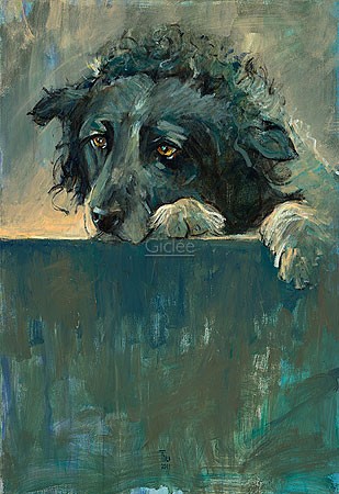Theo Onnes, Woef (Malerei, Tierportrait, Hund, Haustier, Tier, Treppenhaus, Wohnzimmer, Tierarztpraxis, bunt)