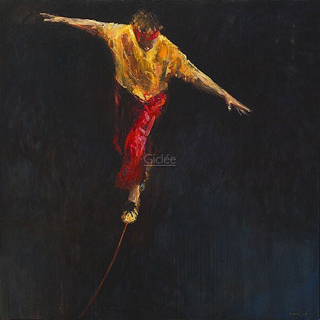 Dinie Boogaart, Thightrope Walker (Malerei, Menschen, Akrobatik, Seiltänzer, Balance, Gleichgewicht, Schweben, impressionistisch, Wohnzimmer, bunt)