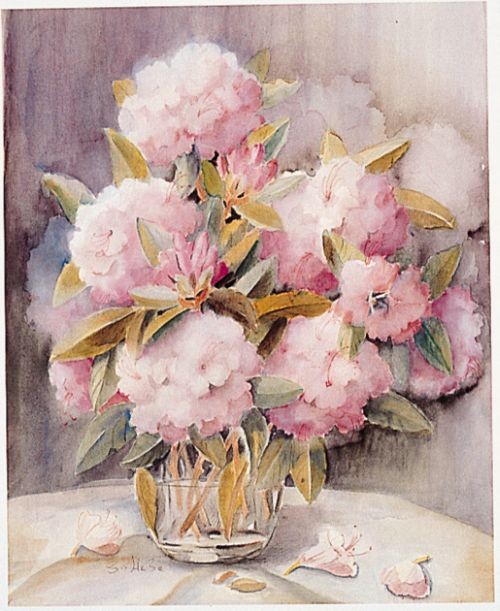 Gabriele von Hake, Rhododendron 2402 (Rhododendron, Stillleben, Blumenvase, Blüten, Sommerblumen, verblühen, Blütenblätter, Schlafzimmer, Esszimmer, Wohnzimmer, bunt)