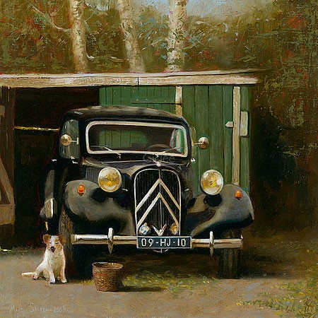 Martin Sijbesma, Citroën Traction Avant II BL, 1953 (Malerei, Landschaft, Garage, Schuppen, Hund, Auto, Citroën Traction Avant II BL, Oldtimer, Fotorealismus, Nostalgie, Treppenhaus, Wohnzimmer, bunt)