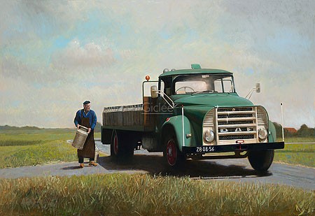 Martin Sijbesma, The Milkman (Malerei, Landschaft, Straße, Lastwagen, Transporter, Milchmann, Milchkanne, Auto, Oldtimer, Nostalgie, Fotorealismus, Treppenhaus, bunt)