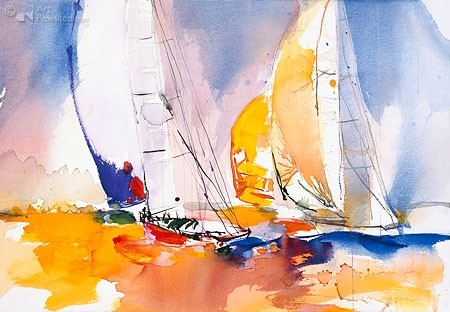 Ingrid Dingjan, Sailing III (Malerei, Meeresbrise, modern, Schifffahrt, maritim, Segelboote, Reagatta, Wind, Abstraktion, Farbverläufe, Wohnzimmer, Arztpraxis, bunt)