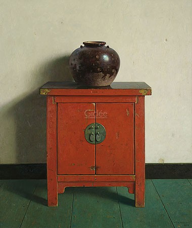 Henk Helmantel, Chinese pot on red chest (Malerei, Fotorealismus, chinesischer Schrank, Hochzeitsschrank, Keramiktopf, Esszimmer, Küche, Wohnzimmer, bunt)