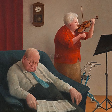 Marius van Dokkum, Lullaby (Malerei, Karikatur, altes Ehepaar, Hausmusik,Violine, Geigerin, Schlaf, Sessel, Rollator, gute Stube, komisch,  komisch, Treppenhaus, Wohnzimmer, bunt)