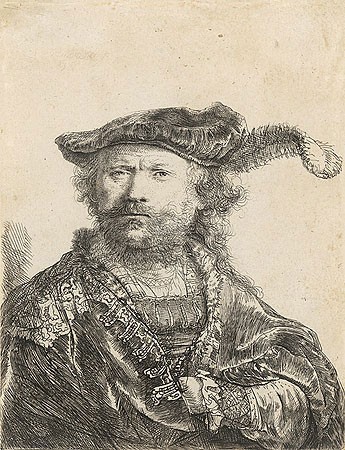 Rijn van Rembrandt, Zelfportret (Klassische Kunst, Portrait, Selbstportrait, Rembrandt, Eleganz, Hut, Federhut, Niederlande, Radierung, Grafik, Barock, Wohnzimmer, Schlafzimmer, Treppenhaus, schwarz / weiß)