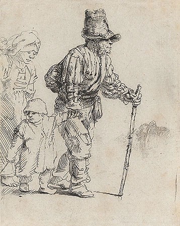 Rijn van Rembrandt, Rondtrekkende boeren familie (Klassische Kunst, Menschen, Typen, Familie, Wanderschaft, arme Leute, Niederlande, Radierung, Grafik, Barock, Wohnzimmer, Schlafzimmer, Treppenhaus, schwarz / weiß)