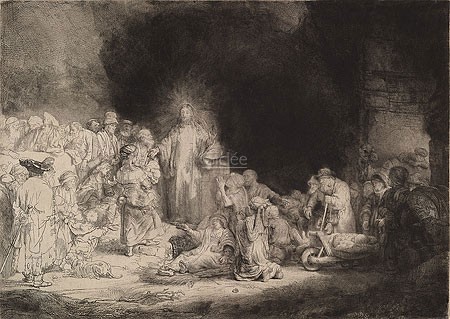 Rijn van Rembrandt, Hundred Guilder Print (Klassische Kunst, das Hundert Gulden Blatt, Jesus, Christus, Predigt, Kinder,  Niederlande, Radierung, Grafik, Barock, Wohnzimmer, Schlafzimmer, Treppenhaus, schwarz / weiß)