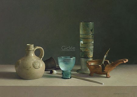 Henk Helmantel, Still life with Pass Glass (Malerei, Stillleben, Tisch, Glas, Passglas, Bierglas, Stangenglas, Henkelkrug, Pfeife, Esszimmer, Küche, Wohnzimmer, bunt)