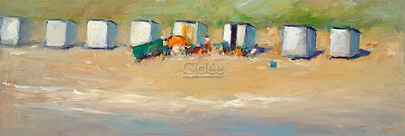 Dinie Boogaart, Beach cabins, Zoutelande (Malerei, Landschaft, Niederlande, Meeresbrise, Meer, Strand, Wellen, Umkleidekabinen, Kabinen, Urlaub, Sommer, Sommerlicht, impressionistisch, Wohnzimmer, bunt)