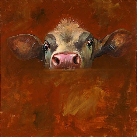 Theo Onnes, Curious calf (Malerei, Tierportrait, Kuh, Nutztier, neugierige Kuh, Tier, Treppenhaus, Wohnzimmer, Tierarztpraxis, bunt)