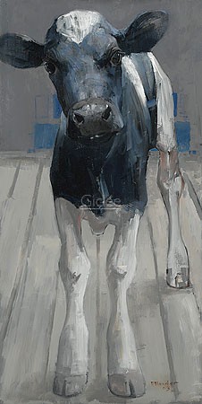 Pieter Pander, Black and white Holstein calf II (Malerei, Tiere, Tierportrait, Kalb, Kuh, Holsteinische Kuh, schwarz/ weiß, Wohnzimmer, Treppenhaus,  bunt)