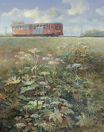 Rein Pol, The Blue Angel on embankment (Malerei, Landschaft, Natur, Eisenbahn, Lokomotive, Bärenklau, Herkulesstaude, Reisen, Urlaub, Wohnzimmer, Treppenhaus, bunt)