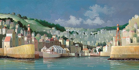 Michiel Schrijver, Sea and time (Malerei, modern, Meeresbrise, Stadt, Architektur, Stadtansicht, Häuser, Landschaft, surreal, metaphysisch, Wohnzimmer, bunt)