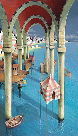 Michiel Schrijver, Slow hours (Malerei, modern, Meeresbrise, Stadt, Architektur, Bögen, Pfeiler, Arkaden,  Häuser, Landschaft, surreal, metaphysisch, Wohnzimmer, bunt)