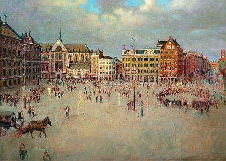 Christiaan Afman, Dam, Amsterdam (Malerei, Niederlande, Stadtansicht, Amsterdam, Nostalgie, Platz, Architektur, Fassaden, Dam, Stadtkern, Zentrum, Pferdekutsche, Wohnzimmer, bunt)