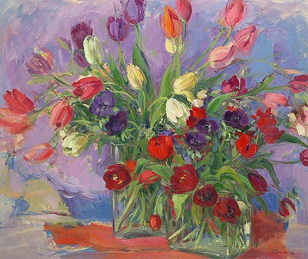 Carla Rodenberg, Tulips and anemones (Malerei, Modern, Stillleben, Blumenvase, Frühlingsblumen, Tulpen, Annemonen, abstrakter Realismus, abstrakte Elemente, Wohnzimmer, Schlafzimmer,rot / bunt)