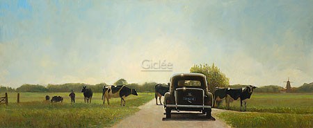 Martin Sijbesma, At Ease (Malerei, Landschaft, Straße, Hindernis, Verkehrshindernis, Kühe, Auto,Citroën Traction Avant II BL, Oldtimer, Fotorealismus, Treppenhaus, bunt)
