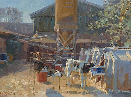Hans Versfelt, Calves in the farm court (Malerei, Gebäude, Stall,Bauernhof, Silo, Kühe, Kalb, Fütterung, Licht, Schatten, Sonnenlicht, Wohnzimmer, bunt)