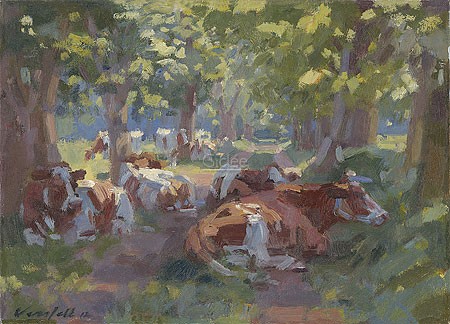 Hans Versfelt, Cattle in the shade of the trees (Malerei, Landschaft, Niederlande,  Kühe, Weide, Weg, Bäume, Schutz, Idylle, Sommer, Sonnenlicht, Kontast, Licht / Schatten, Horizont, Wohnzimmer, bunt)