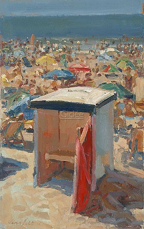 Hans Versfelt, Beach hut on a hot summer day (Malerei,Meeresbrise, Strand, Sandstrand, Meer, Urlaub, Sommer, Badeurlaub, Badegäste, Licht, Schatten, Sonnenlicht, Wohnzimmer,Arztpraxis, bunt)