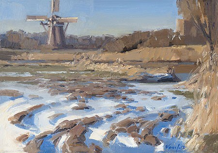 Hans Versfelt, Dutch Mill (Malerei, Landschaft, Niederlande, Winterlandschaft, Schnee, Dorf, Windmühle,  Licht / Schatten, Wohnzimmer, Schlafzimmer, bunt)